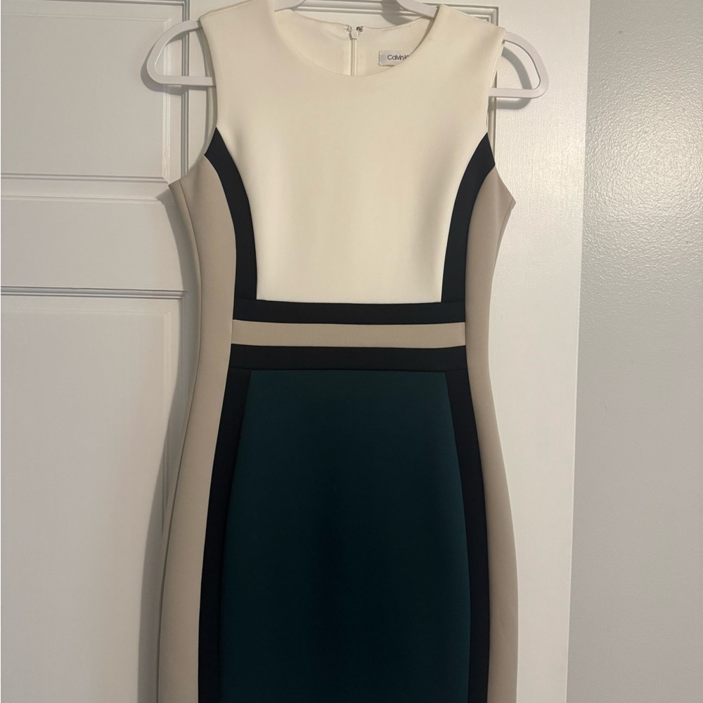 Calvin Klein Colorblock Sheath Dress in Ivory, Taupe & Hunter Green